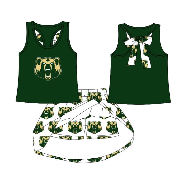 Preorder MOQ 5 Baby Girls Green Bears Plaid Team Top Skort Clothes Sets