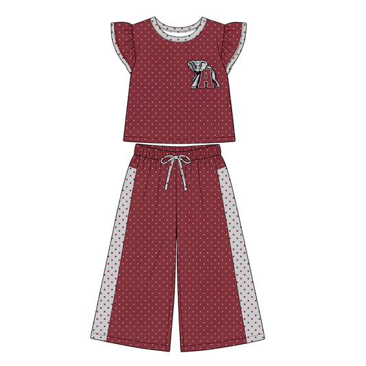 Preorder (moq 5)Baby Girls Flutter Sleeve Alabama Polka Dots Top Flare Pant Team Clothes Sets