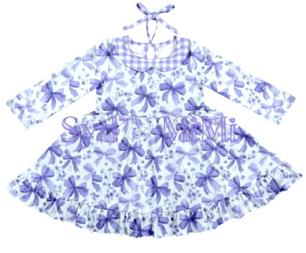 Preorder (moq 5)Baby Girls Lavender Bows Tie Knee Length Dresses