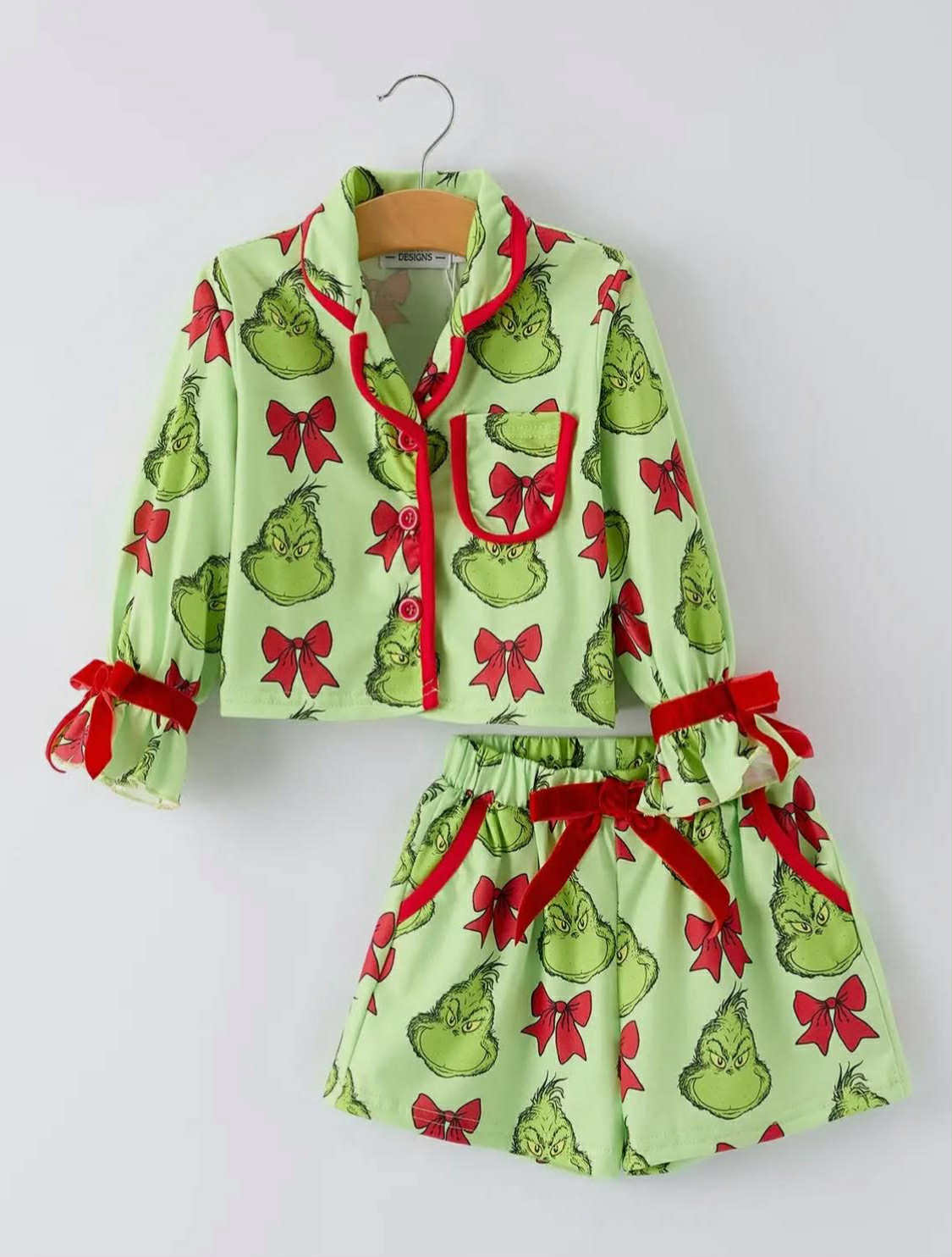 Preorder moq 8 Adult Women Christmas Grin Bows Button Pockets Top Shorts Pajamas Sets