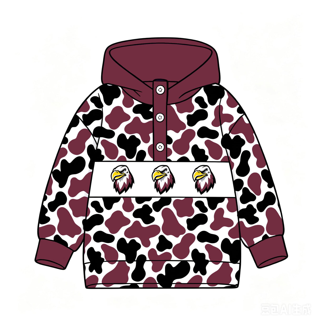 Preorder(moq 5)Baby Boys Maroon Camo Eagle Team Button Hoodies Top