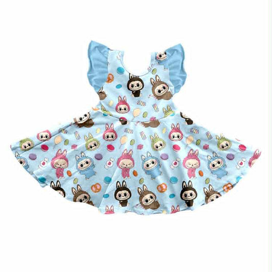 Preorder (moq 5)Baby Girls Blue Rabbit Flutter Sleeve Twirl Knee Length Dresses