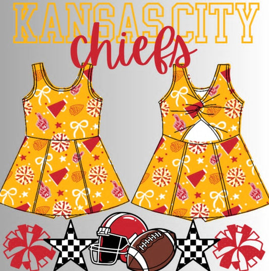 Preorder (moq 8)Baby Girls Sleeveless Kansas city chiefs team Shorts Team Knee Length Dresses