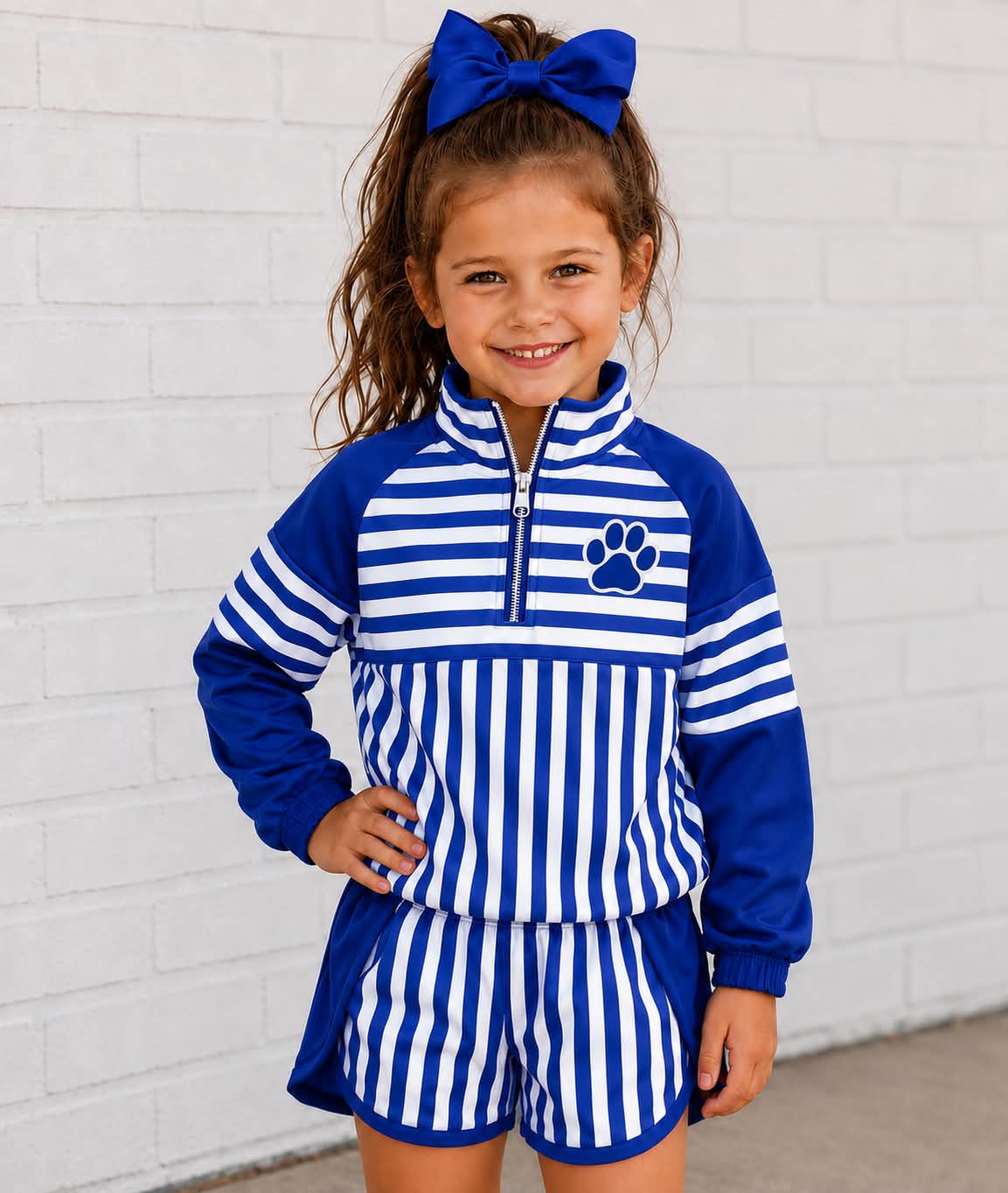 Preorder (moq 5)Baby Girls Blue Stripe Zip Pullovers Short Team Clothes Sets