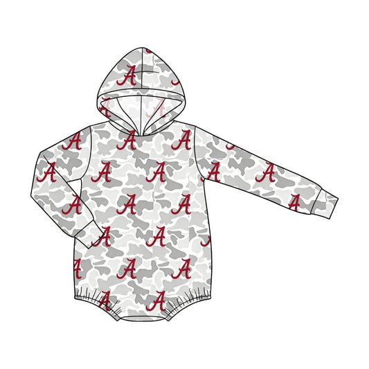 Preorder (moq 5)Baby Boys Long Sleeve Grey Camo Alabama Hoodie Rompers
