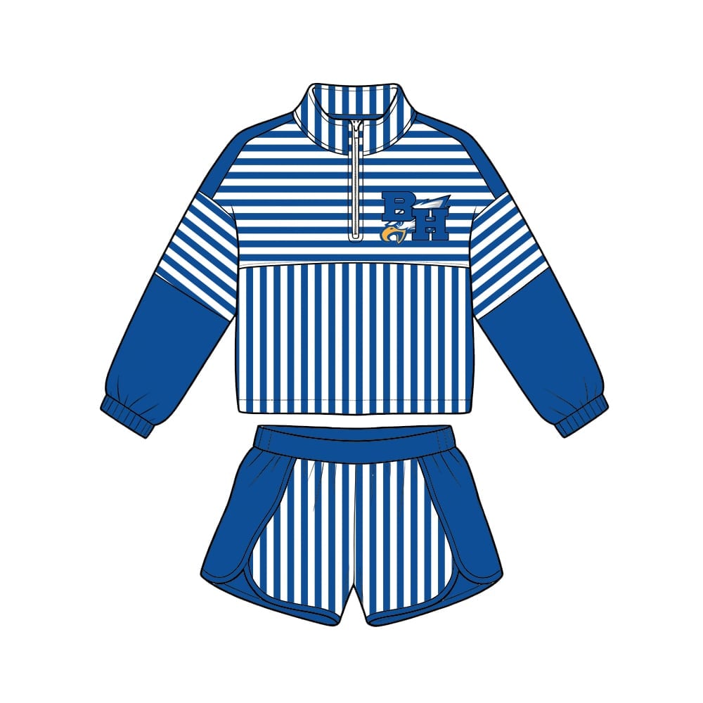 Preorder (moq 5)Baby Girls Blue Stripe BH Eagles Zip Pullovers Short Team Clothes Sets