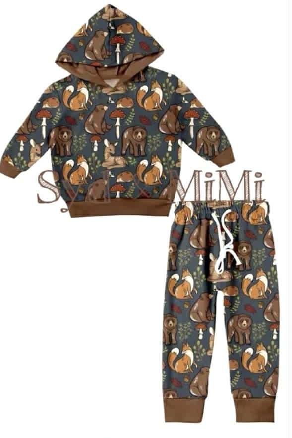 Preorder(moq 5) Baby Boys Fall Forest Animals Hoodies Pants With Belt Lounge Wear Sets
