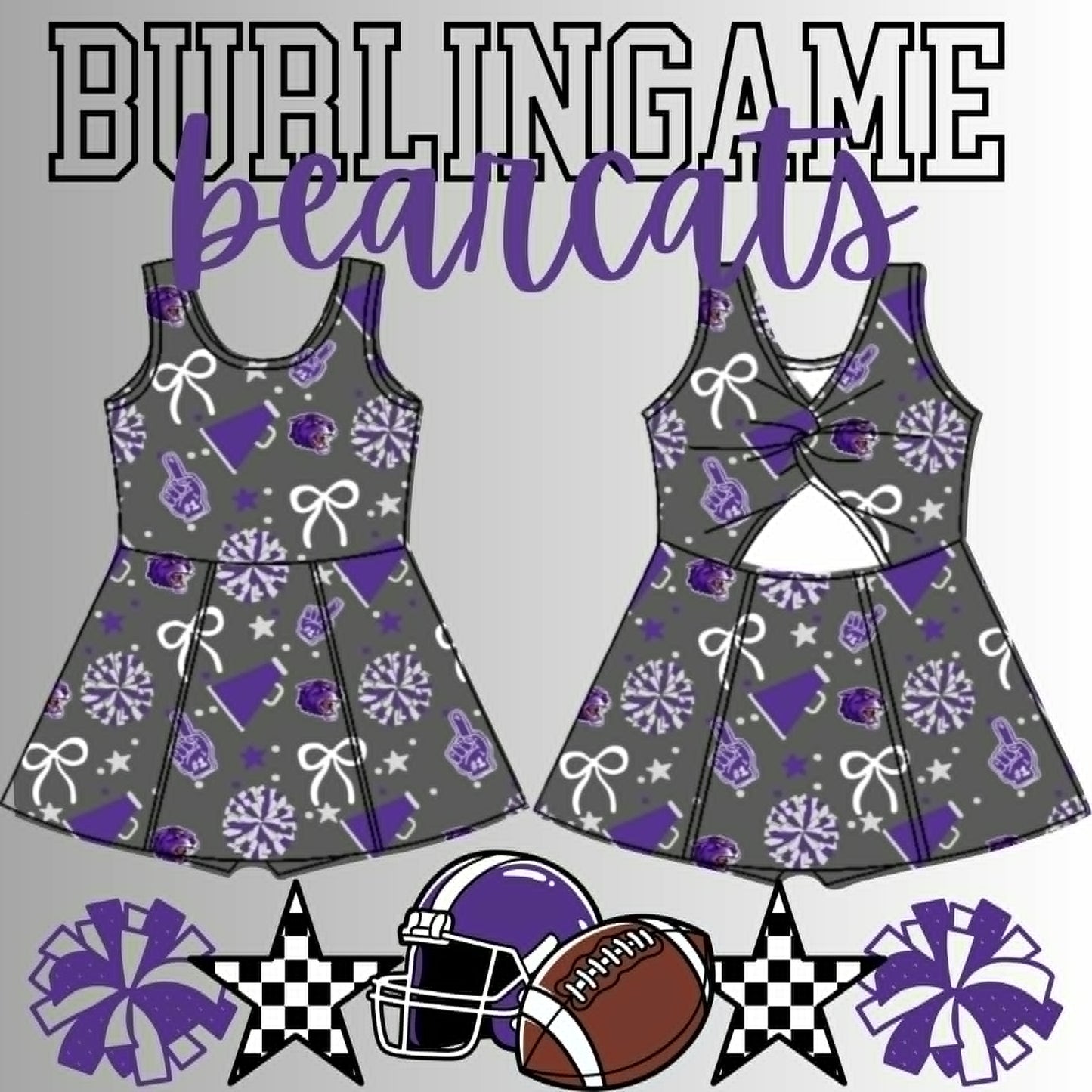Preorder (moq 8)Baby Girls Sleeveless Burlingame Bearcats Bows Shorts Team Knee Length Dresses