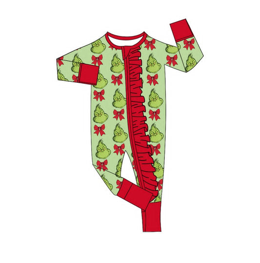 Preorder(moq 8)Baby Girls Christmas Grin Bows Zipper Footie Rompers