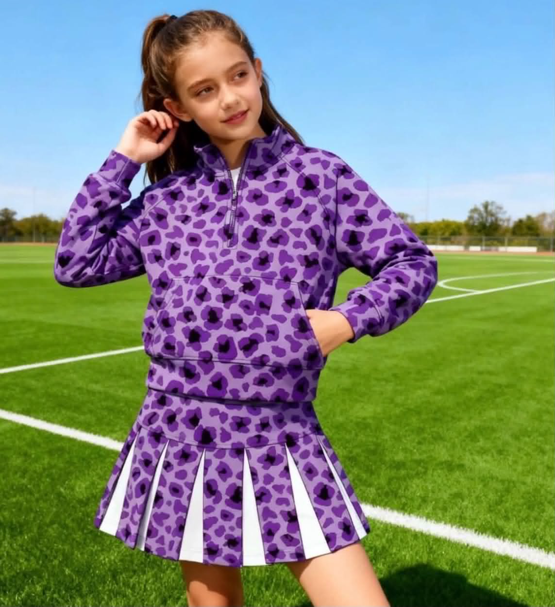 Preorder (moq 5)Baby Girls Yoga Zip Purple Leopard Pullovers Skirt Short Team Clothes Sets