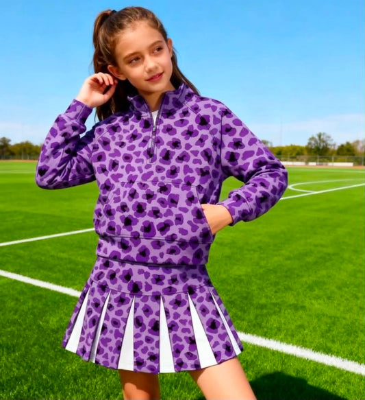 Preorder (moq 5)Baby Girls Yoga Zip Purple Leopard Pullovers Skirt Short Team Clothes Sets