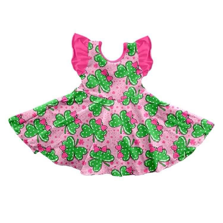 Preorder (moq 5)Baby Girls St Patrick Day Pink Bow Knee Length Dresses