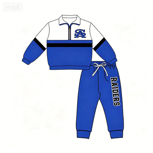 Preorder (moq 5)Baby Boys Blue Raiders Zip Pullovers Top Jogger Team Clothes Set