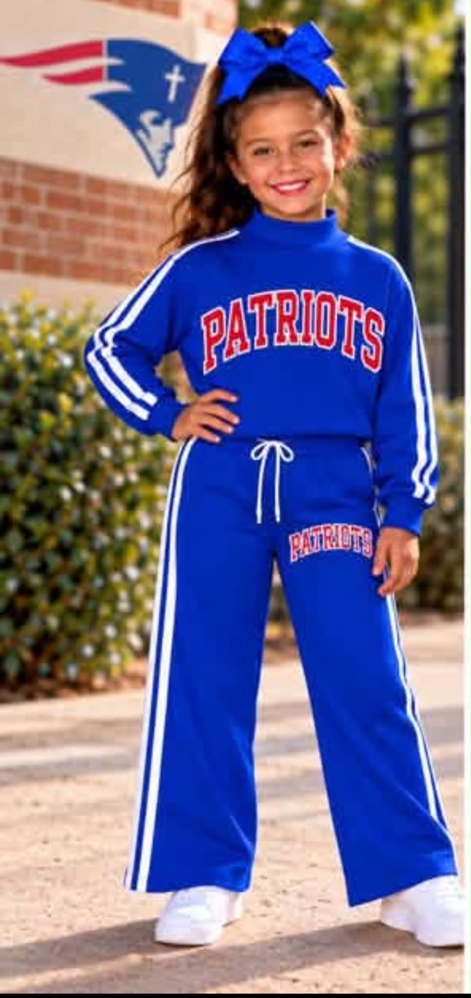 Preorder (moq 5) Baby Girl Clothes Sport Letter Side Stripe Patriots Long Sleeve Mock Neck Pant Set