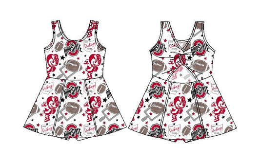 Preorder (moq 5)Baby Girls Sleeveless Red Bows Ohio Shorts Team Knee Length Dresses