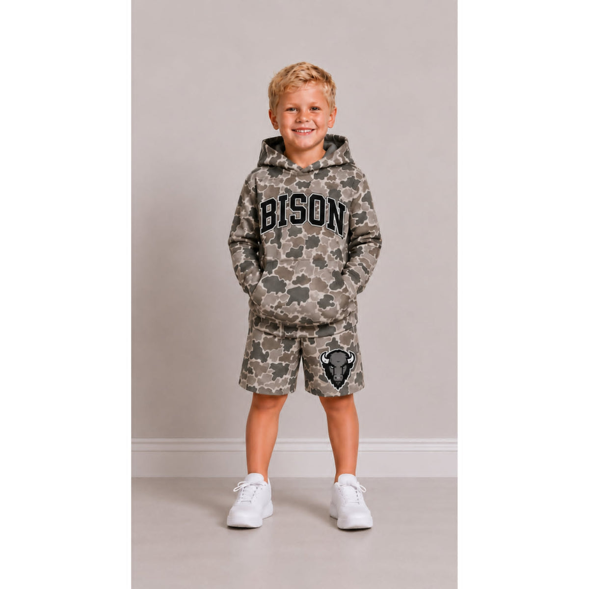 Preorder (moq 5)Baby Boys Bison Hooded Top Brown Camo Shorts Clothes Sets