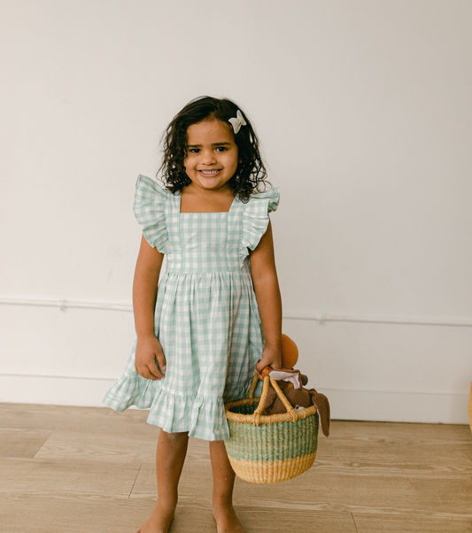 Baby Girls Light Green Checkered Ruffle Knee Length Dresses preorder(moq 5)