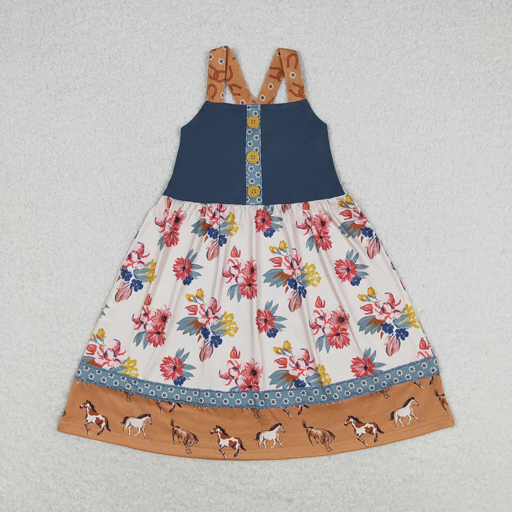 Baby Girls Western Horse Flowers Straps Knee Length Dresses