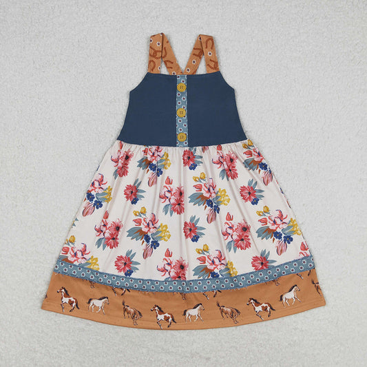 Baby Girls Western Horse Flowers Sibling Sister Rompers Dresses