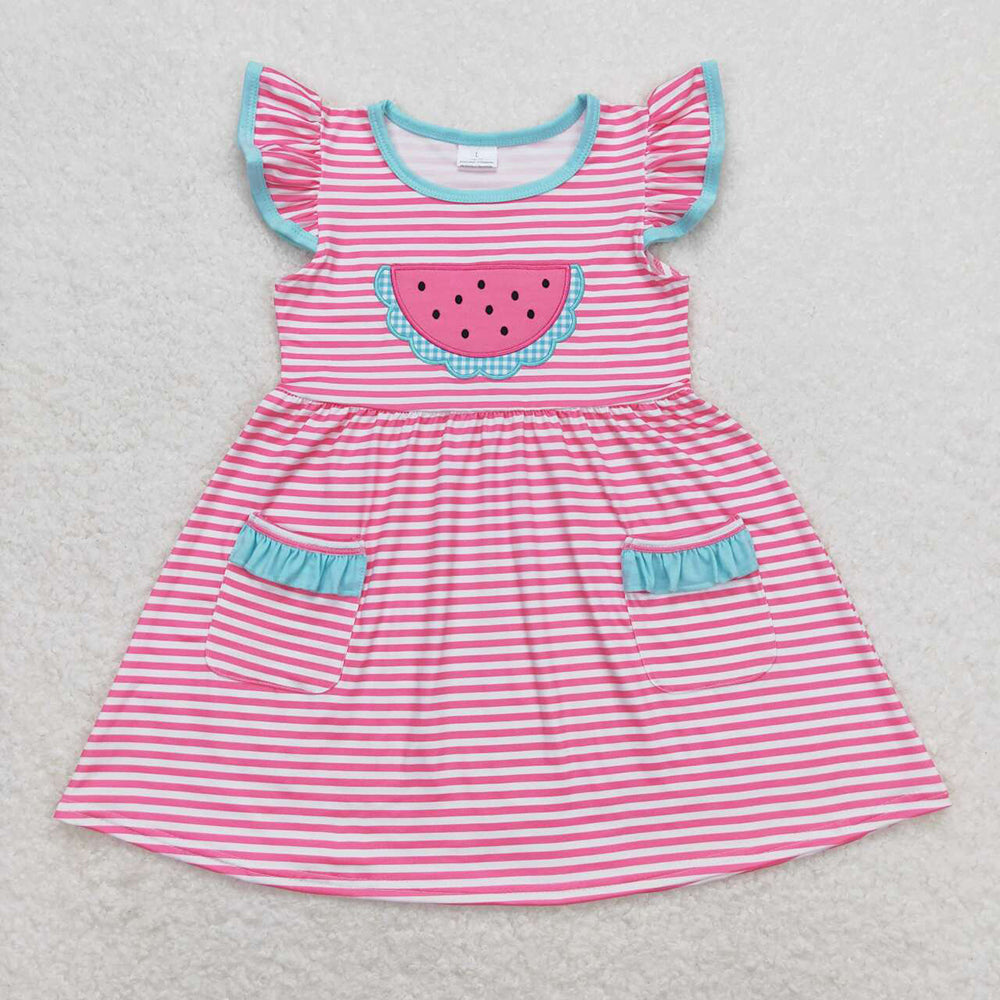 Baby Girls Pink Stripes Watermelon Flutter Sleeve Knee Length Dresses