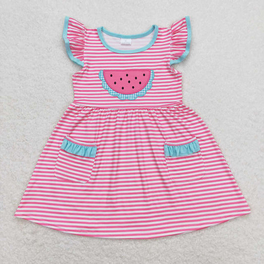 Baby Girls Pink Stripes Watermelon Flutter Sleeve Knee Length Dresses