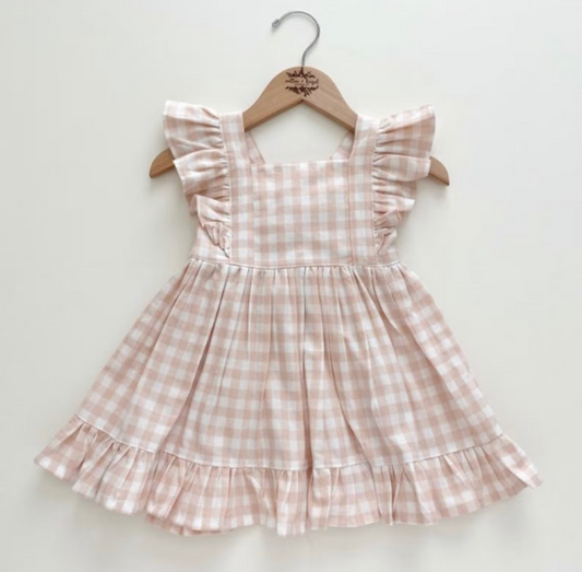 Baby Girls Pink Checkered Ruffle Knee Length Dresses preorder(moq 5)