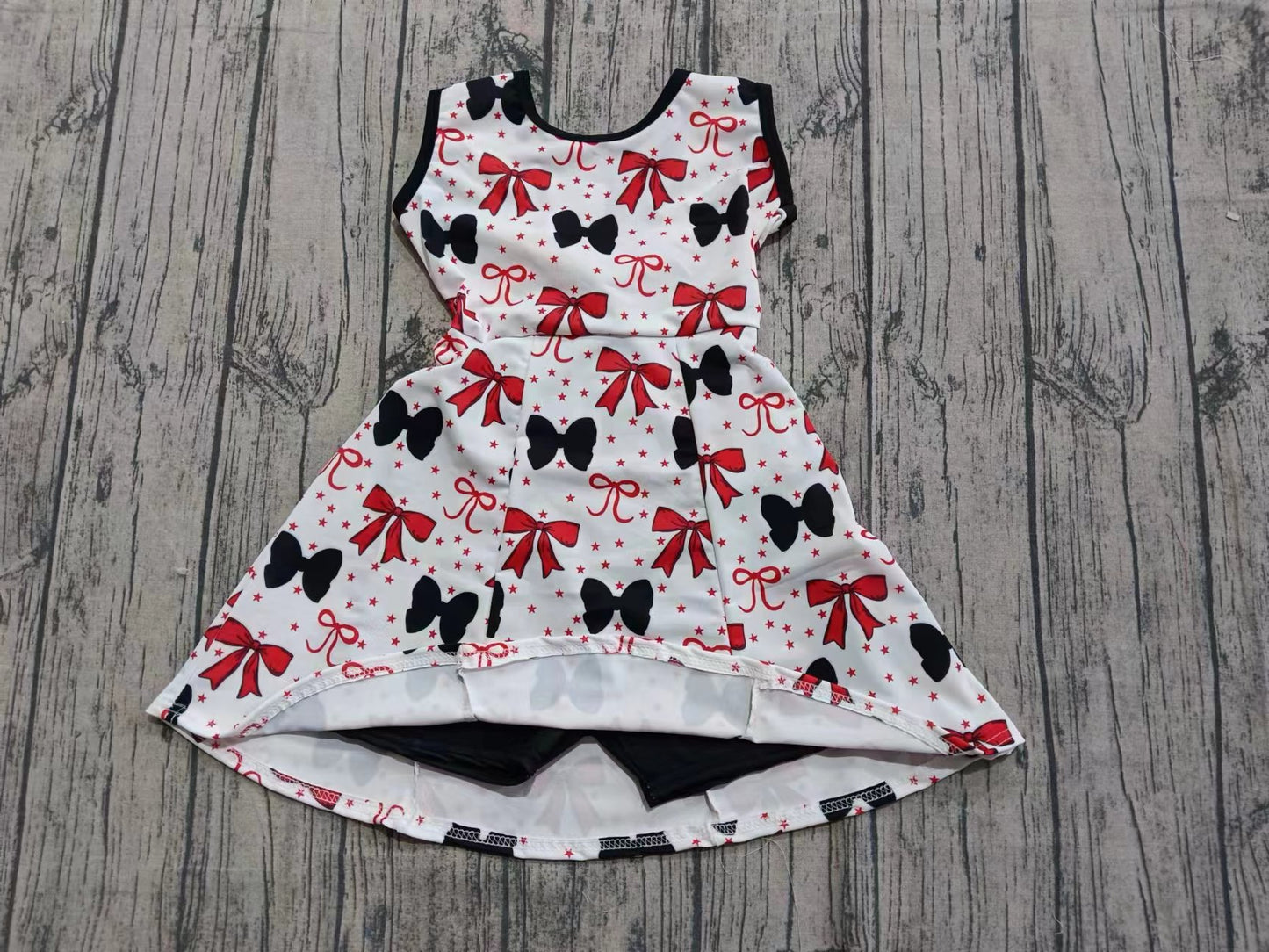 Preorder (moq 5)Baby Girls Sleeveless Red Black Bows Shorts Team Knee Length Dresses