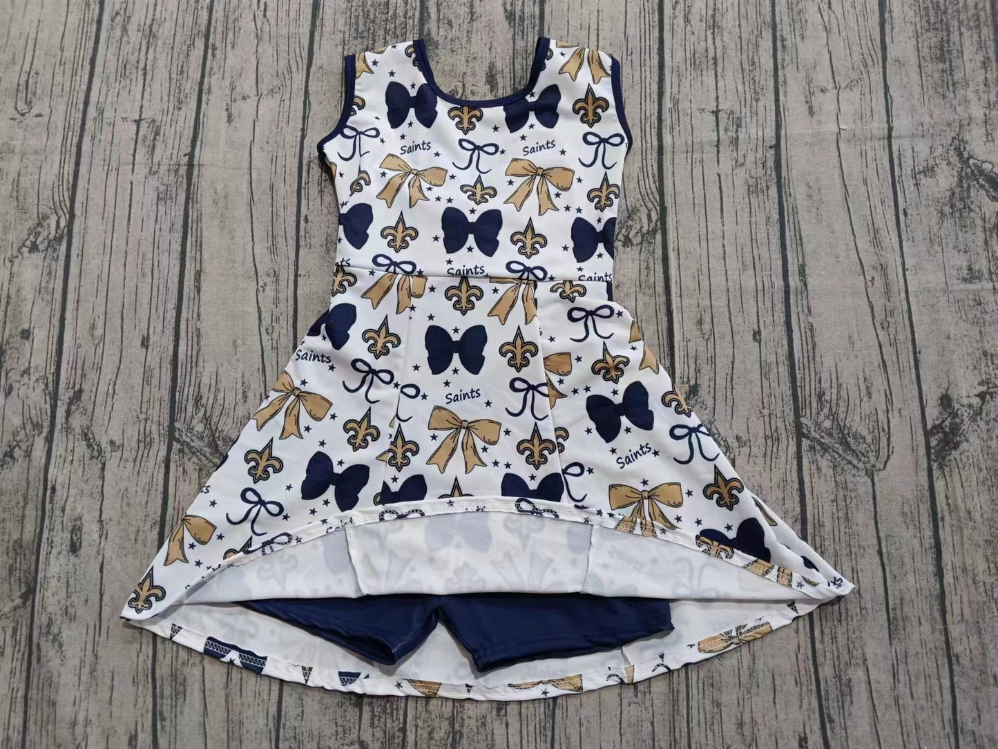 Preorder (moq 5)Baby Girls Sleeveless Saints Bows Shorts Team Knee Length Dresses