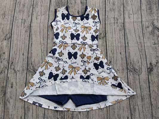 Preorder (moq 5)Baby Girls Sleeveless Saints Bows Shorts Team Knee Length Dresses