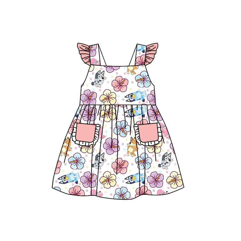 Baby Girls Dogs Flowers Straps Ruffle Pockets Dresses preorder(moq 5)