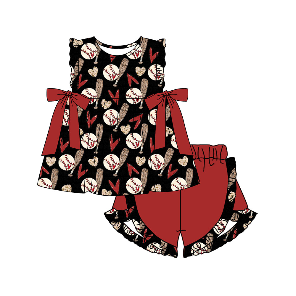 Preorder (moq 5)Baby Girls Baseball Bows Tunic Top Ruffle Shorts Clothes Sets