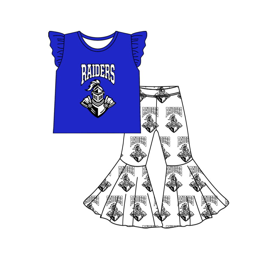 Preorder (moq 5)Baby Girls Hot Blue Raiders Top Bell Bottom Pant Team Clothes Sets