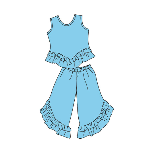 Baby Girls Aqua Sleeveless Top Ruffle Bell Pants Clothing Sets Preorder(moq 5)