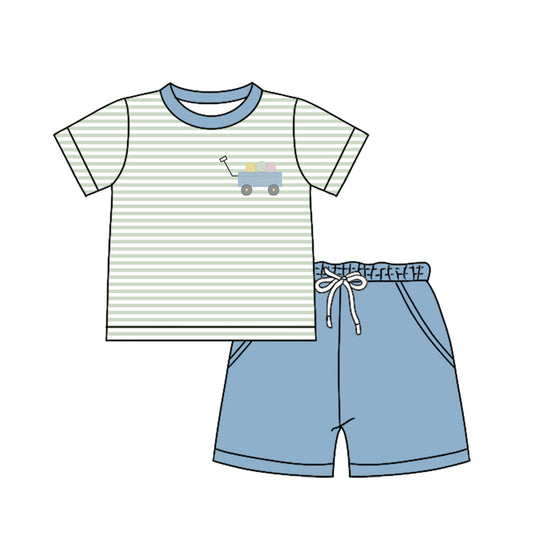 Preorder (moq 5)Baby Boys Stripes Egg Truck Shirts Pockets Shorts Clothes Sets