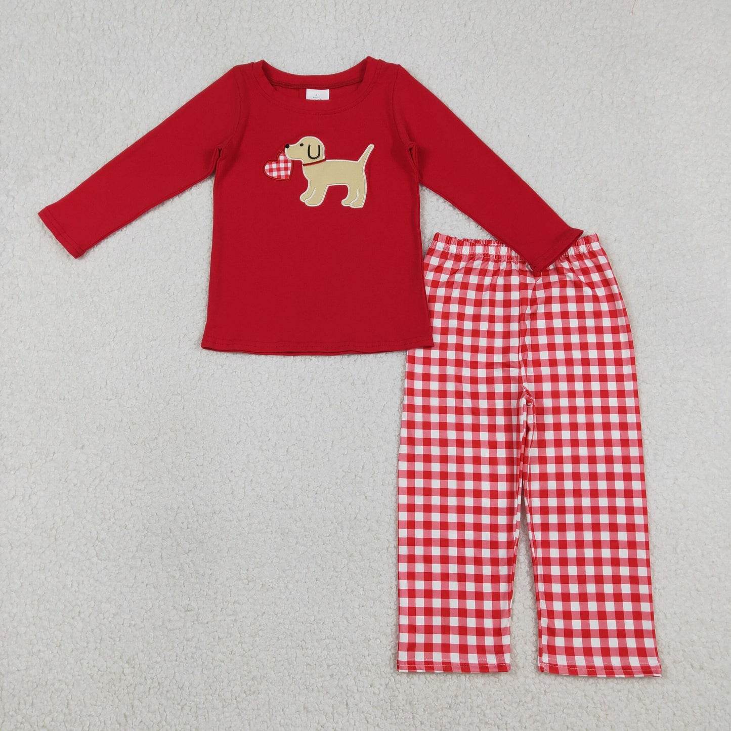 Embroidery Heart Dogs Baby Boys Checked Pants Valentines Clothes Sets