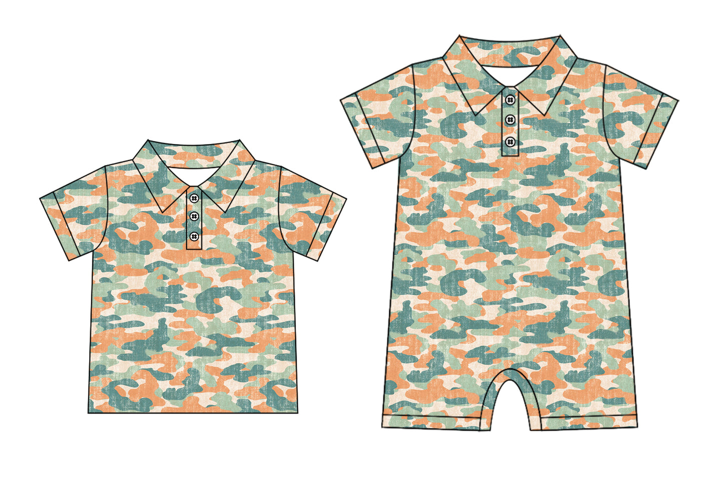 Preorder moq 5 Custom Baby Boys Short Sleeves Green Orange Camo Polo Shirts Top Rompers
