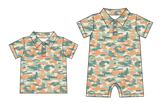 Preorder moq 5 Custom Baby Boys Short Sleeves Green Orange Camo Polo Shirts Top Rompers