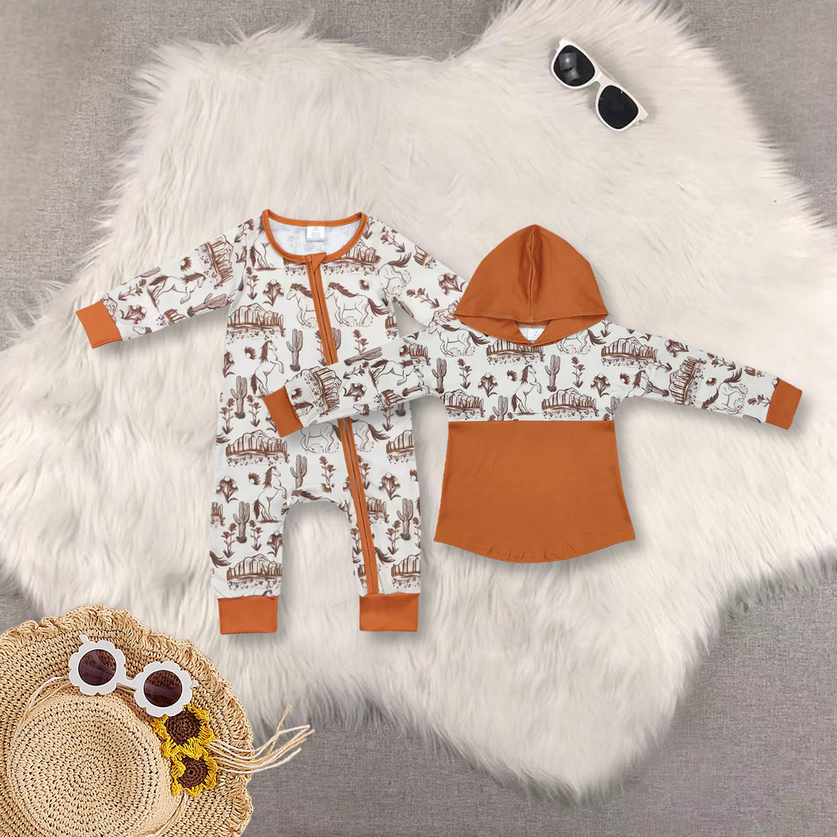 Sibling Baby Boys Long Sleeves Horse Rodeos Hoodies Top Zipper Rompers