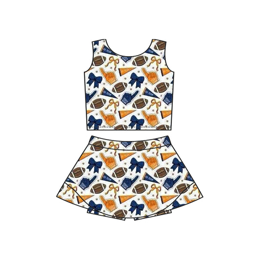 Preorder moq 5 Baby Girls Sleeveless Football Bows Cheer Vest Top Skorts Team Set