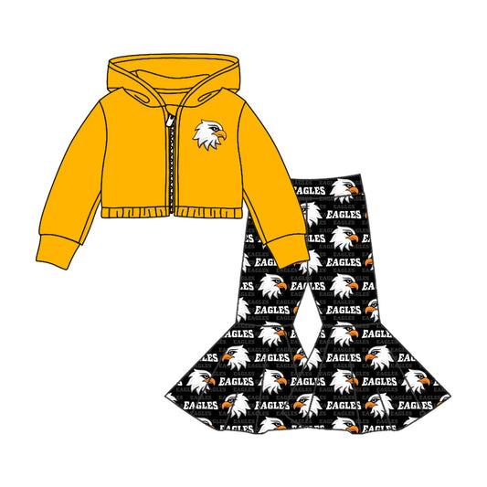 Baby Girls Toddler Team Eagles Hooded Long Sleeve Tops Bell Pants Clothes Sets preorder(moq 5)