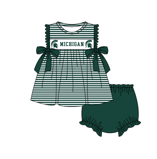 Preorder (moq 5)Baby Girls Sleeveless Michigan Green Stripe Tunic Bummies Team Clothes Sets