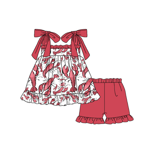 Preorder (moq 5)Baby Girls Red Crawfish Straps Tunic Ruffle Shorts Clothes Sets