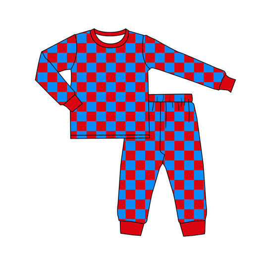 Baby Boys Red Blue Checkered Top Pants Pajamas Outfits Clothes Sets preorder(MOQ 5)