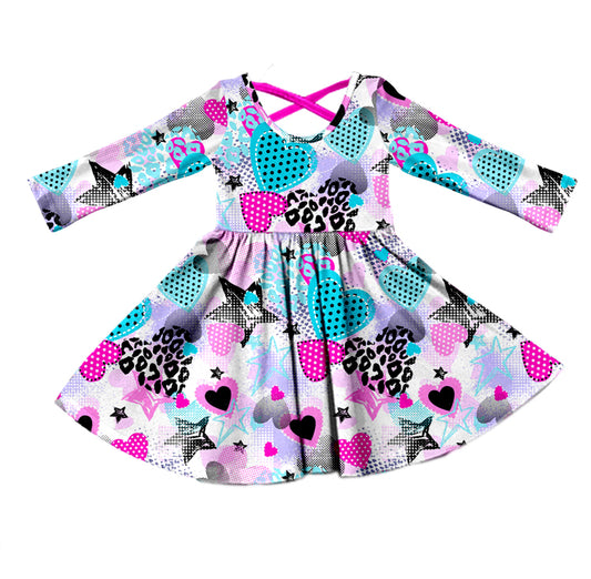 Baby Girls Long Sleeve Valentines Stars Hearts Knee Length Dresses preorder(moq 5)