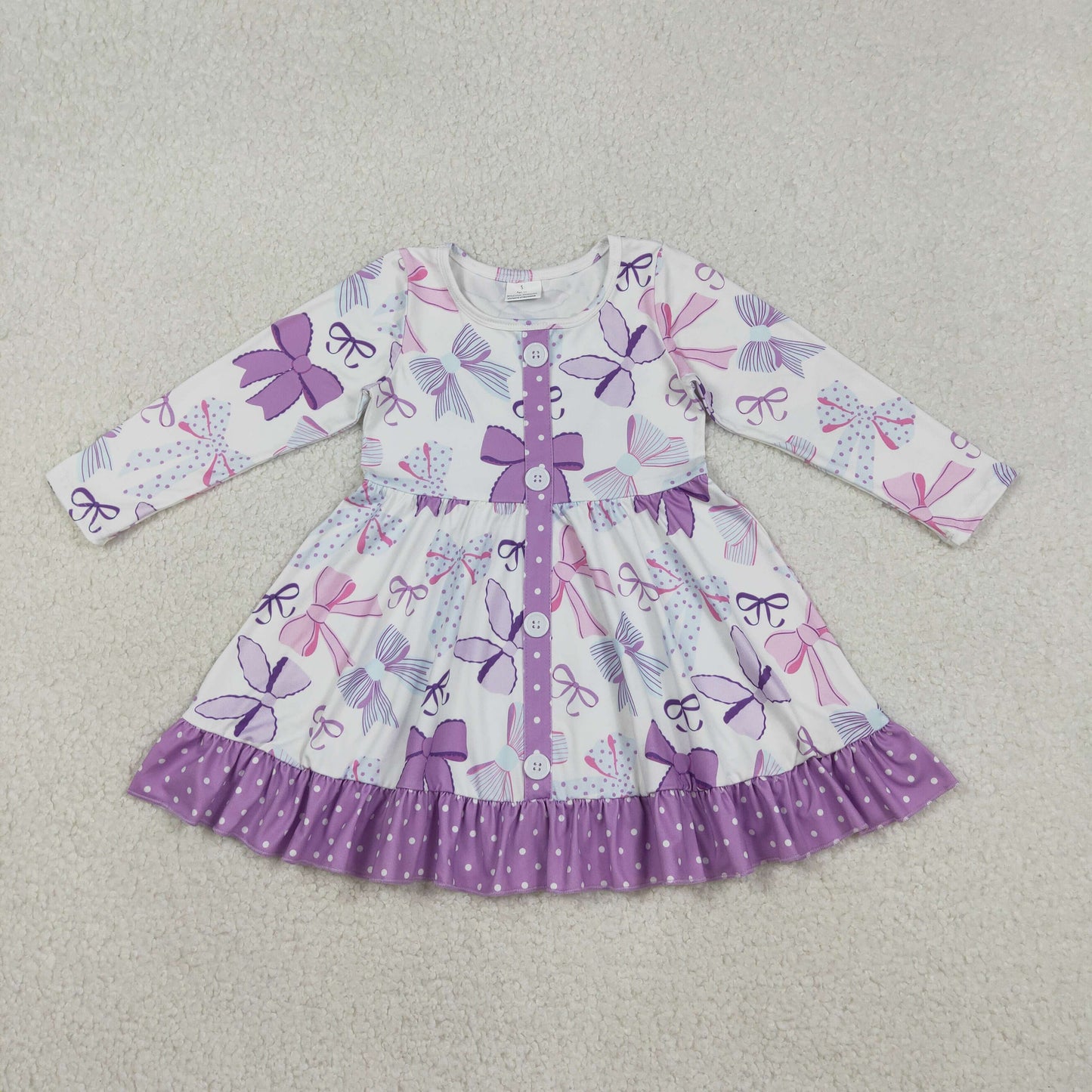 Baby Girls Purple Bows Button Ruffle Knee Length Dresses