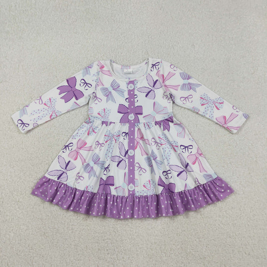 Baby Girls Purple Bows Button Ruffle Knee Length Dresses