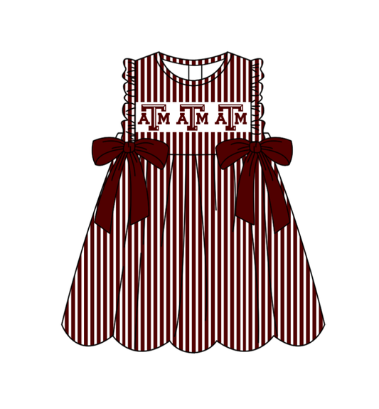 Preorder (moq 5)Baby Girls Sleeveless Dark Red Stripe ATM Bows Team Knee Length Dresses