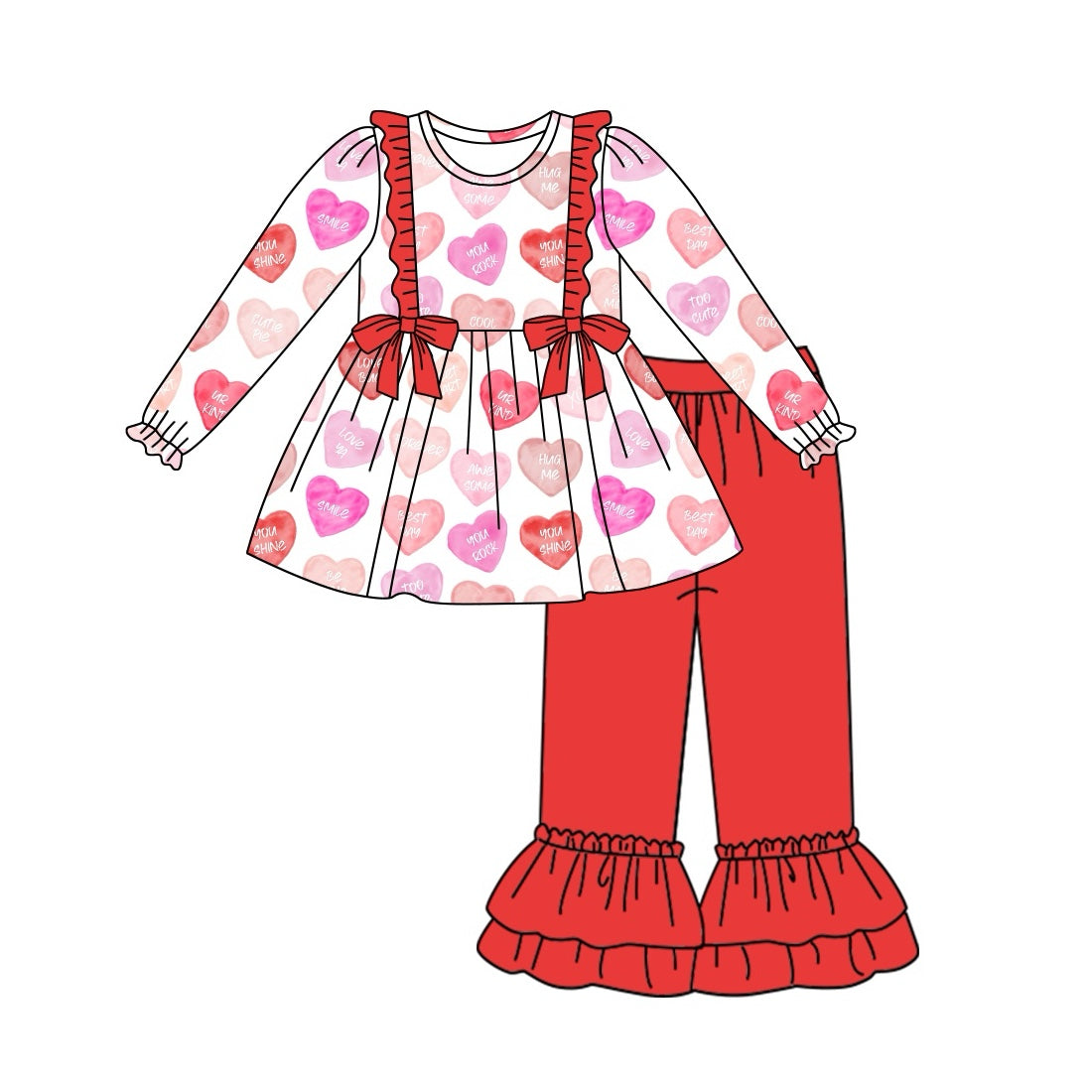 Baby Girls Valentines Hearts Bows Tunic Ruffle Pants Clothes Sets preorder(MOQ 5)