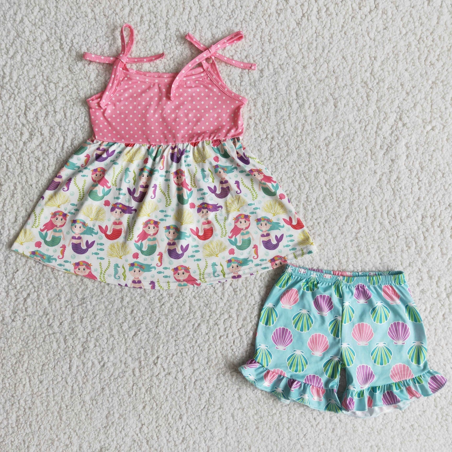 Mermaid straps tunic ruffle shorts sets
