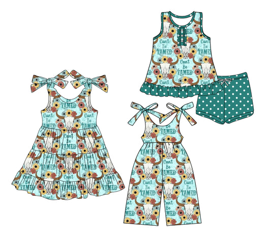Preorder moq 5 Custom Baby Girls Green Bull Skull Flowers Button Tunic Polka Dots Short Set Knee Length Dress Jumpsuits